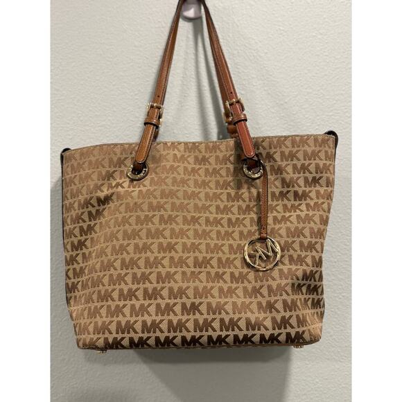 Michael Kors Jet Set Signature Handbag Tote Bag Purse Brown Tan - Picture 3 of 9